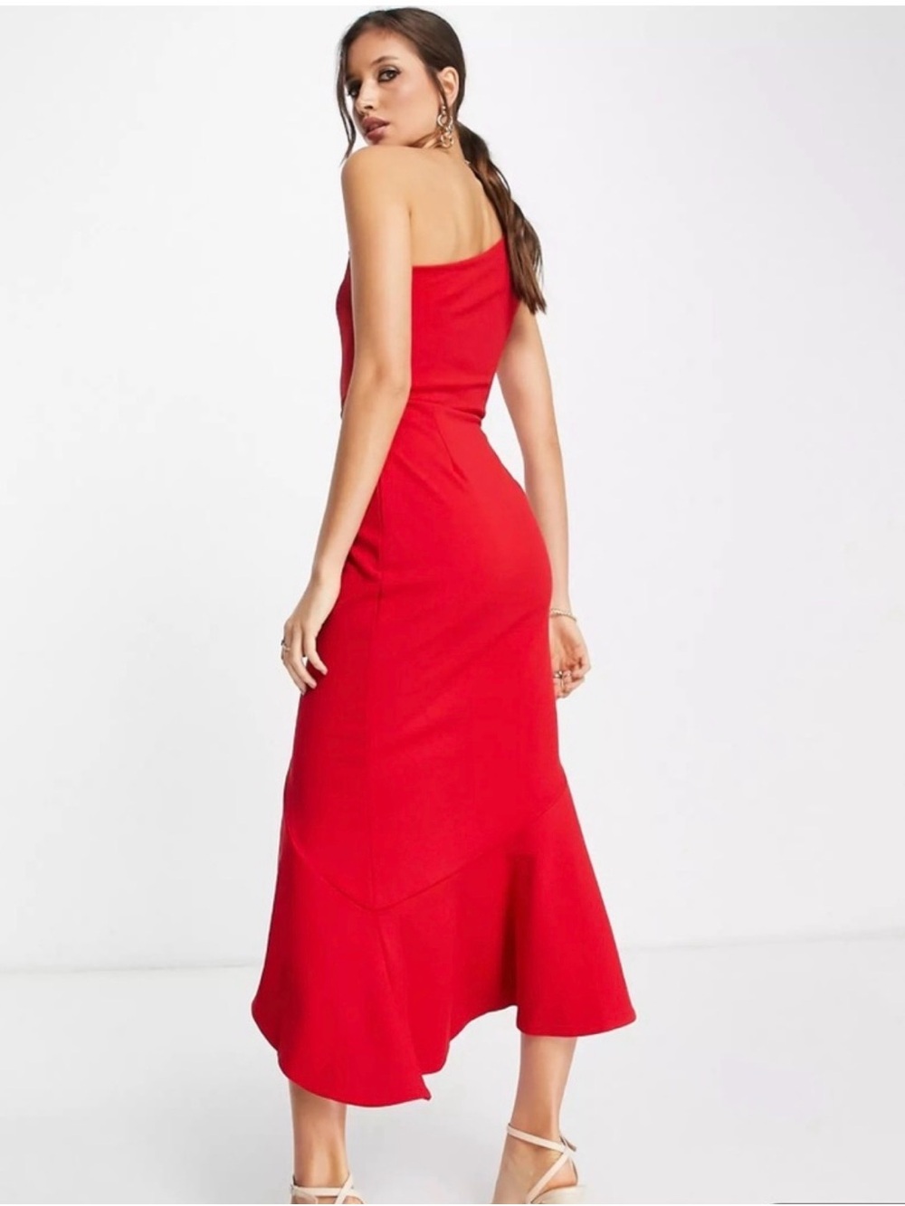 Asymmetric One-Shoulder Red Ruffle Midi Dress - Picture 2 of 5